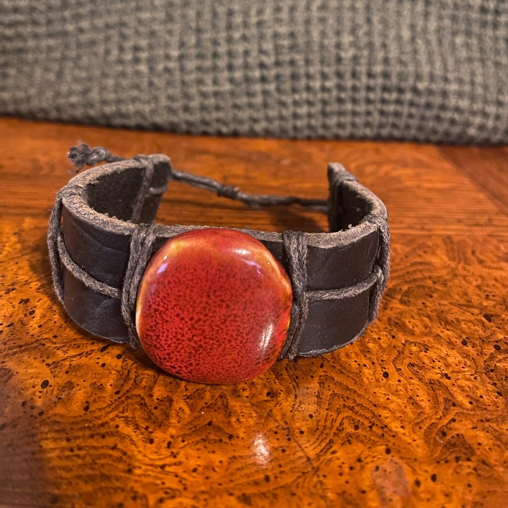 Leather Bracelet with Red Stone